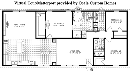 Double wide floor plan, 3 bedrooms, 2 baths, living room, family room, dining room, kitchen and laundry room