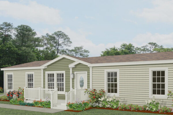 Rendering of a double wide mobile home with tan lap siding accented with green lap siding under the dormer