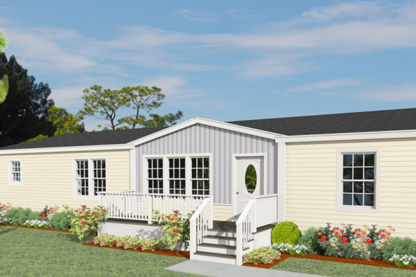 Rendering of a double wide manufactured home with cream lap siding accented with grey lap siding under the dormer