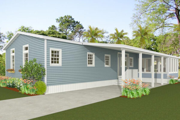 Rendering of a double wide manufactured home with blue lap side, carport and a side porch