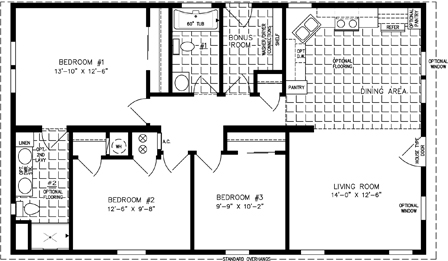 Double wide floor plan with 3 bedrooms, 2 baths, living room, eat in kitchen and laundry room