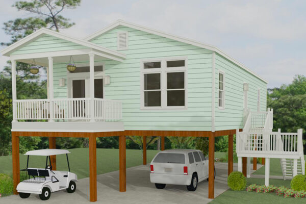Rendering of a double wide home on stilts with a front porch and parking below