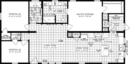 Double wide floor plan with 3 bedrooms, 2 baths, living room, dining room, kitchen and laundry room