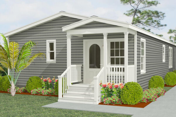 Rendering of a double wide home with grey lap siding and a site built entry porch