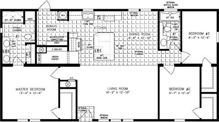 Double wide floor plan with 3 bedrooms, 2 baths, kitchen with walk-in pantry, living room, dining room and laundry room
