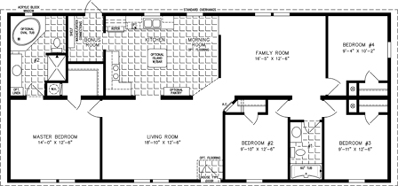 Double wide floor plan with 4 bedrooms, 2 baths, living room, family room, kitchen and laundry room