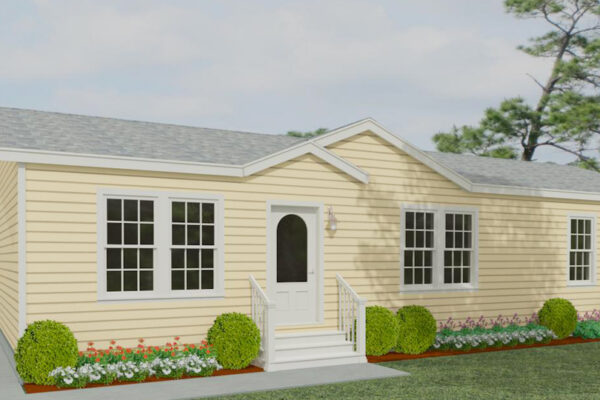 Rendering of a double wide mobile home with yellow lap siding and a dormer with an eyebrow