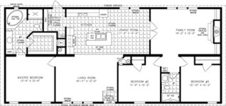 Double wide floor plan with 3 bedrooms, 2 baths, living room, family room, dining room, kitchen and laundry room