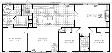Double wide floor plan with 3 bedrooms, 2 baths, living room, family room, dining room, kitchen and laundry room