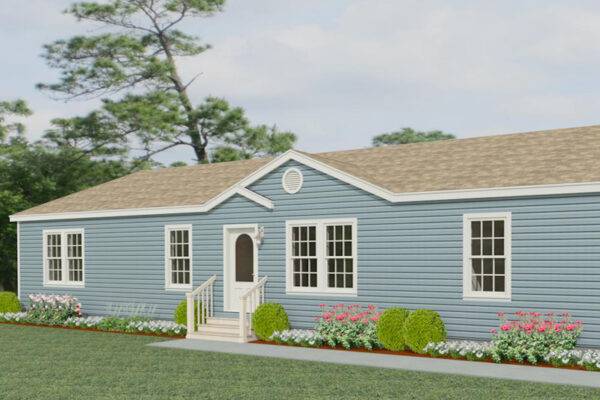 Rendering of a double wide mobile home with blue lap siding and a dormer with an eyebrow