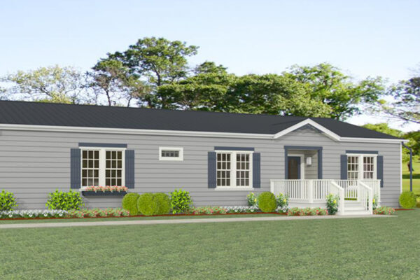 Rendering of a double wide manufactured home with gray lap side and a black shingle roof and a dormer