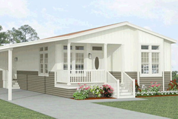 Rendering of a double wide manufactured home with a front entry porch, box bay window and carport with a oval front door