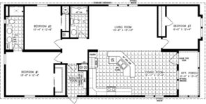 Double wide floor plan with 3 bedrooms, 2 baths, living room, dining room, kitchen and laundry room