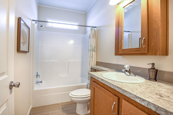 Hall Bathroom with a 60" tub/shower and over the sink medicine cabinet