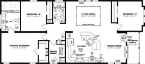 Double wide floor plan, 3 bedrooms, 2 baths, Living room, dining room, open kitchen and laundry room