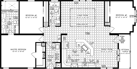 Double wide floor plan with 2 bedrooms, 2 baths, living room, dining room, kitchen with large island and laundry room