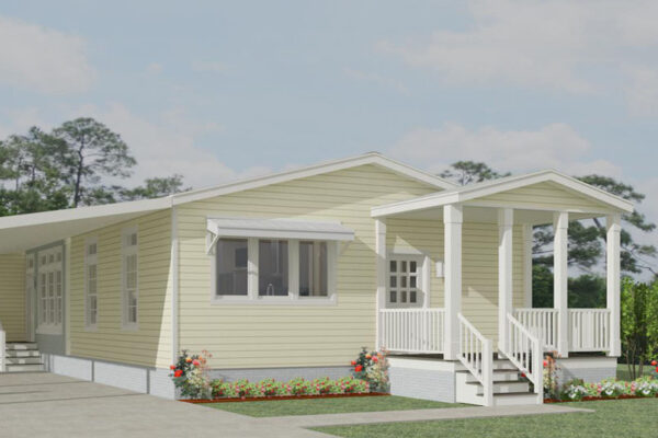 Rendering of a double wide mobile home with a front porch, awning of the windows and a carport