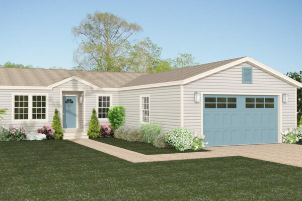 Rendering of a double wide manufactured home with a site built double car garage