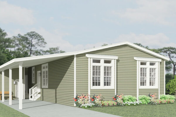 Rendering of a double wide mobile home with green lap siding, awnings over the front windows and carport