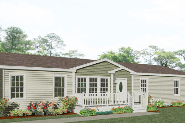Rendering of a double wide manufactured home with tan lap siding, accented with green lap siding under the dormer
