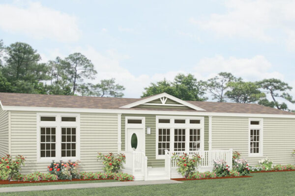 Rendering of a double wide mobile home with tan lap siding, accented with green siding and a brown shingle roof