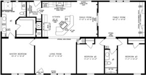 Double wide floor plan with 3 bedrooms, 2 baths, living room, family room, kitchen and laundry room