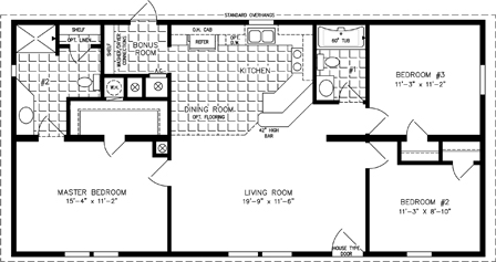 Double wide floor plan with 3 bedrooms, 2 baths, living room, eat in kitchen and laundry room