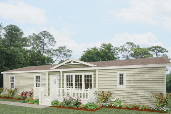 Rendering to a double wide home with tan lap siding and a green lap siding accent under the dormer