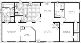 double wide floor plan, 3 bedrooms, 2 baths, living room, retreat, dining room, kitchen and laundry room