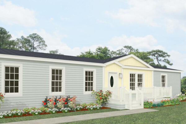 Rendering of a double wide home with grey lap siding with accented cream siding at the entry