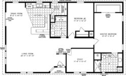 Double wide floor plan with 2 bedrooms, 2 baths, living room, study, dining room, kitchen and laundry room