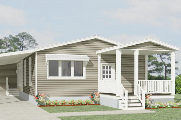 Rendering of a double wide home with a front porch, awing over the kitchen windows and a carport