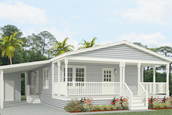 Rendering of a double wide manufactured home with a full front porch and carport