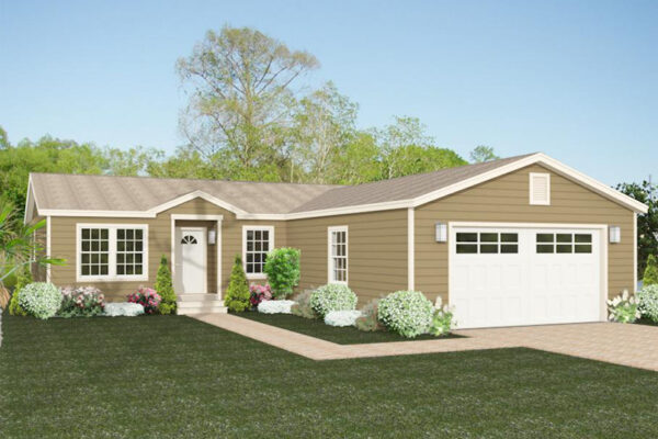 Rendering of a double wide manufactured home with clay lap siding and a tan shingle roof with a two car garage