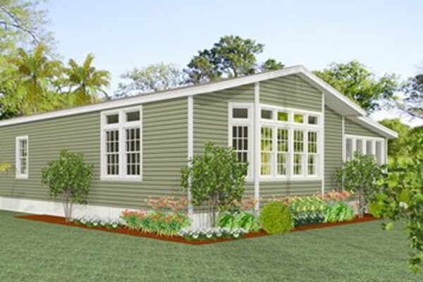 Rendering of a double wide manufactured home with a 6 window bay and side porch