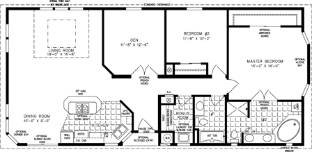 Double wide floor plan with 2 bedrooms, 2 baths, living room, den, dining room, island kitchen and laundry room