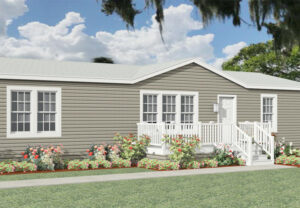 Rendering of a double wide mobile home with clay lap siding, white shingle roof with a dormer