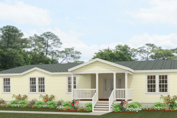 Rendering of a triple wide home with a site build porch and dormer