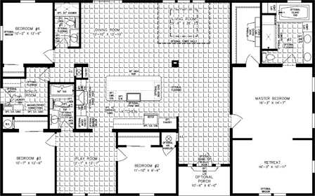 Triple wide floor plan, 4 bedrooms, 3 baths, living room, dining room, retreat, play room and laundry room