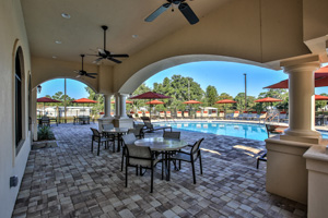Patio area at the clubhouse overlooking the pool