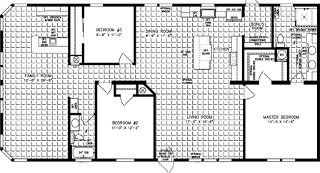 Double wide floor plan, 3 bedrooms, 2 baths, living room, dining room, open kitchen, large family room