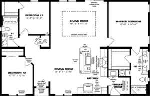 Double wide floor plan with 3 bedrooms, 2 baths, living room, dining room, kitchen and laundry room