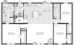 double wide floor plan with 3 bedrooms, 2 baths, living room, dining room, open kitchen with large island, and laundry room