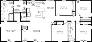 Double wide floor plan, 5 bedrooms, 2 baths, living room, dining room, kitchen and laundry room