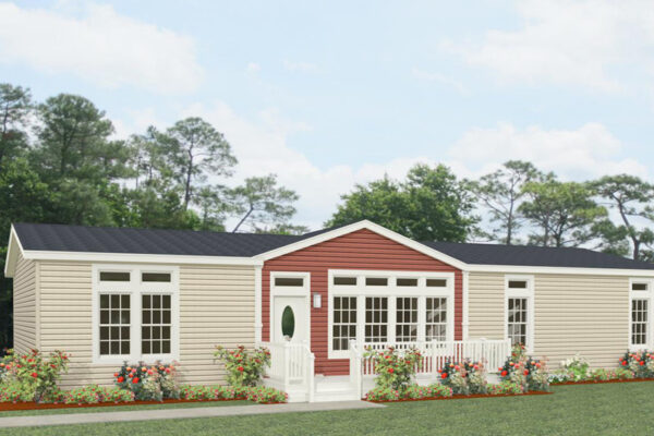 rendering of a double wide home with tan lap siding accented with red lap siding under the dormer