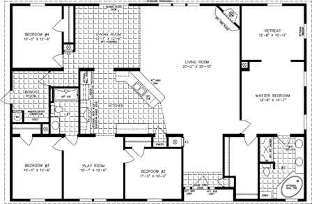Triple wide floor plan, 4 bedrooms, 2 baths, living room, dining room, retreat, play room and laundry room