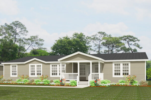 Rendering of a triple wide manufactured home with tan lap siding, black shingle roof and a site built entry porch