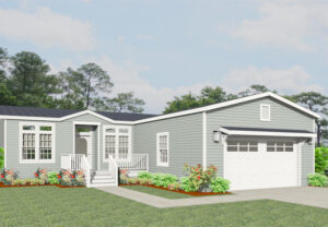 Rendering of a double wide manufactured home with grey lap siding a black shingle roof and a site built two car garage