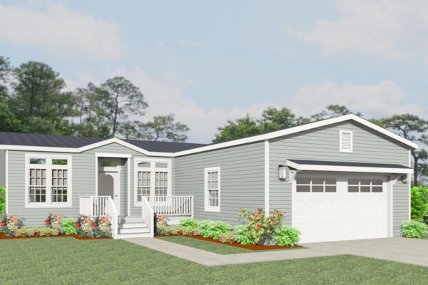 Rendering of a double wide manufactured home with grey lap siding a black shingle roof and a site built two car garage