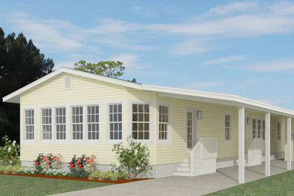 Rendering of a double wide manufactured home with a 6 window bay, cream lap siding and a carport